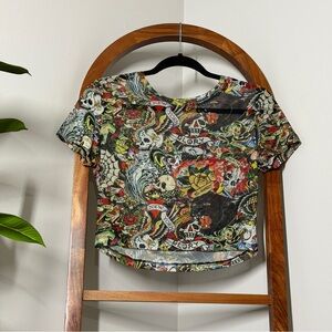 Ed Hardy LARGE Black Mesh Short Sleeve Crop Top Y2K Tattoo Print